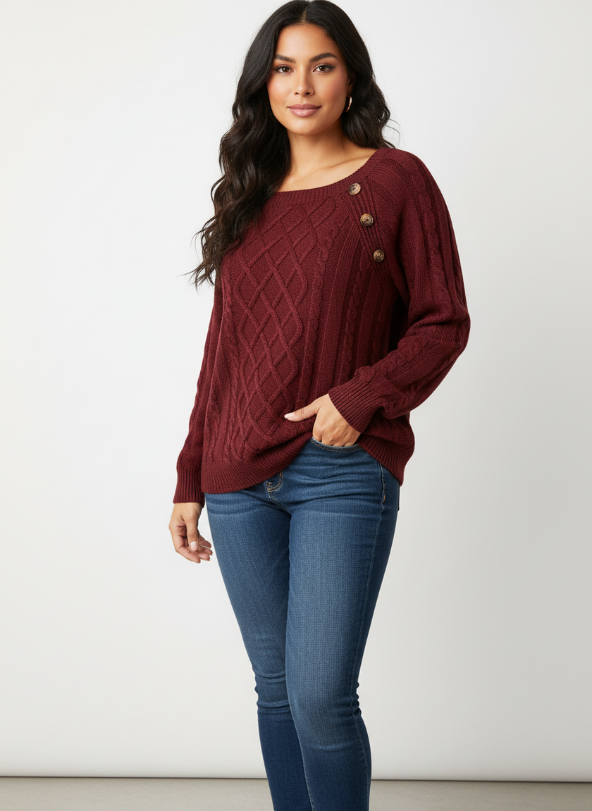 Cable Knit Sweater Women Boat Neck Shoulder Button Detail