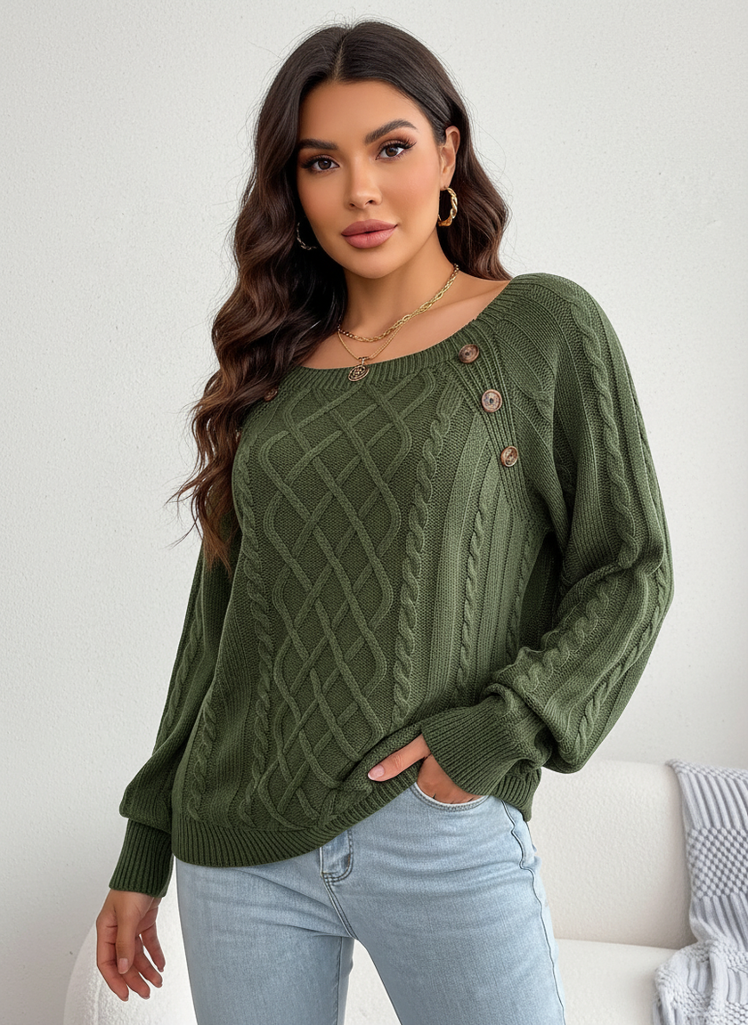 Cable Knit Sweater Women Boat Neck Shoulder Button Detail