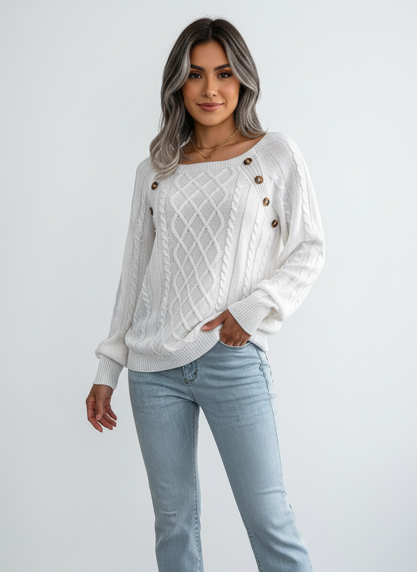 Cable Knit Sweater Women Boat Neck Shoulder Button Detail