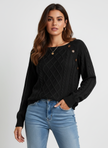 Cable Knit Sweater Women Boat Neck Shoulder Button Detail