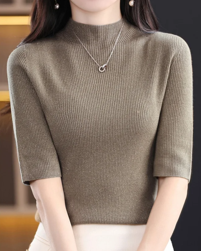 Ribbed Knit Top Women Fitted Half-Length Sleeves