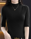 Ribbed Knit Top Women Fitted Half-Length Sleeves