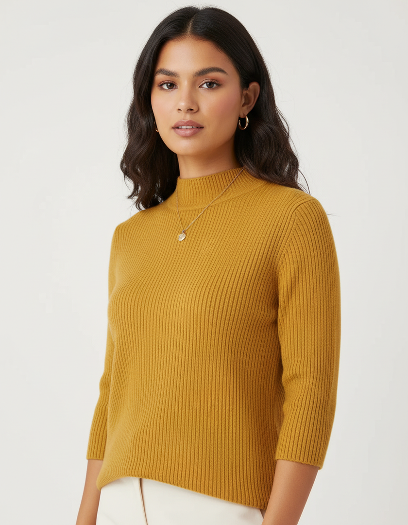 Ribbed Knit Top Women Fitted Half-Length Sleeves