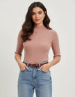 Ribbed Knit Top Women Fitted Half-Length Sleeves