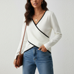 Wrap Top Women, Elegant Contrast-Trim V-Neck Fitted Top