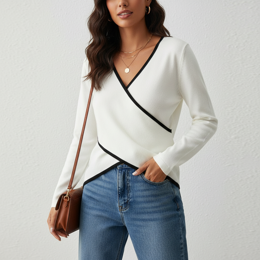 Wrap Top Women, Elegant Contrast-Trim V-Neck Fitted Top
