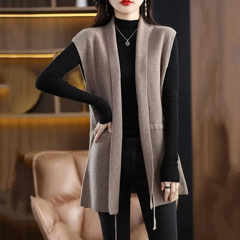 Sleeveless Vest Women Open Front Waist Tie Elegant Layering