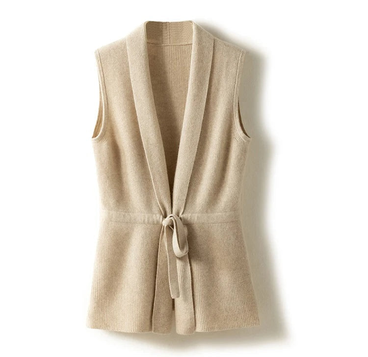 Sleeveless Vest Women Open Front Waist Tie Elegant Layering
