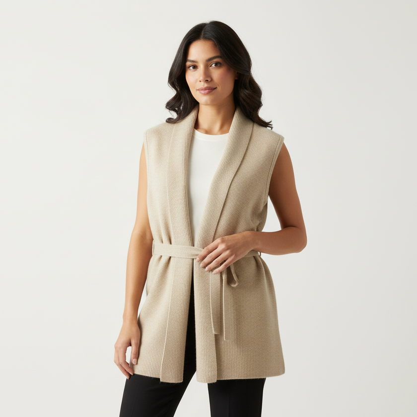 Sleeveless Vest Women Open Front Waist Tie Elegant Layering