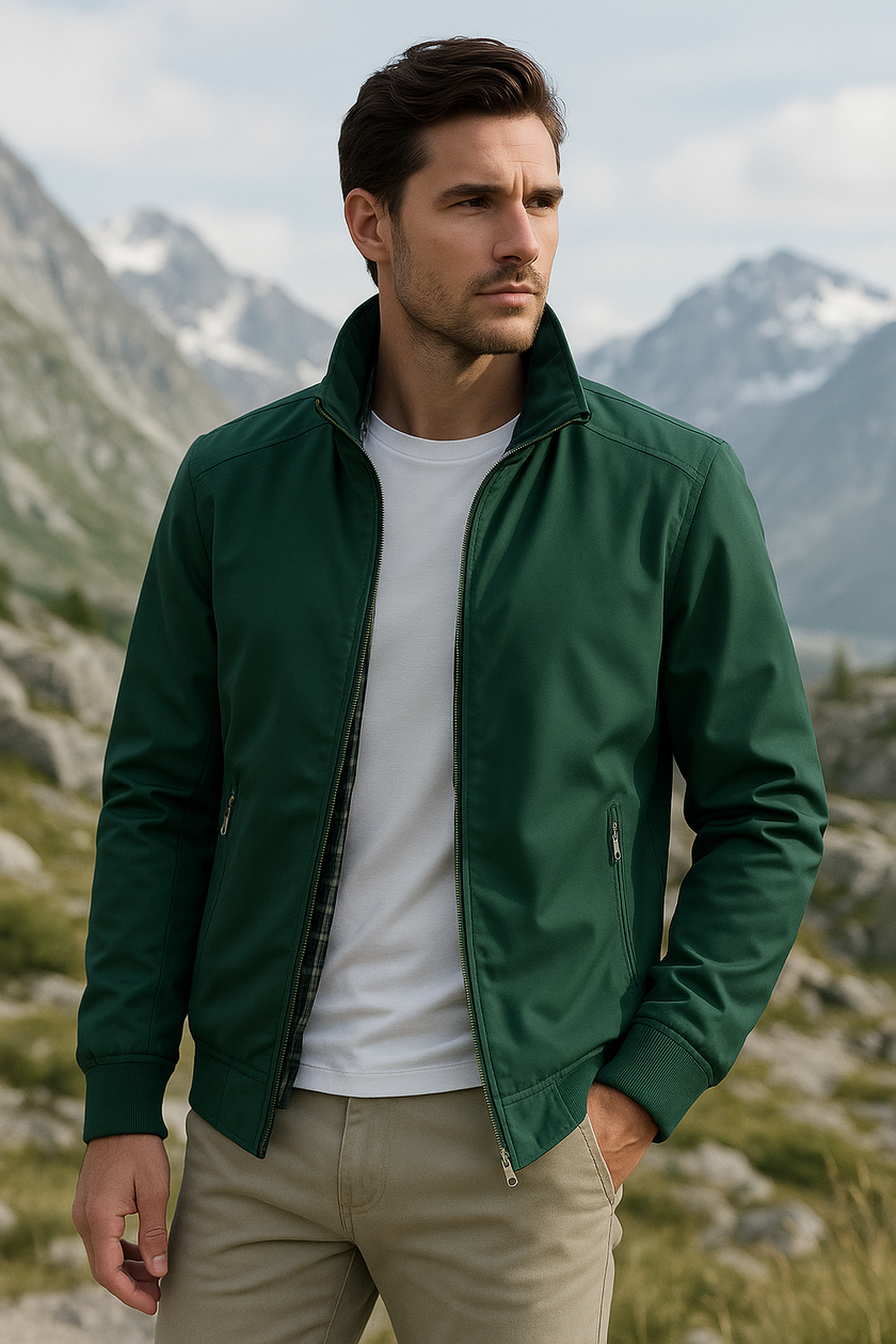 Lightweight Jacket Men Zip Front Stand-Up Collar Elastic Cuffs