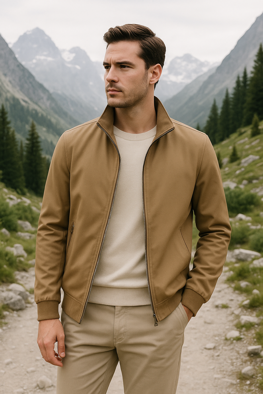 Lightweight Jacket Men Zip Front Stand-Up Collar Elastic Cuffs