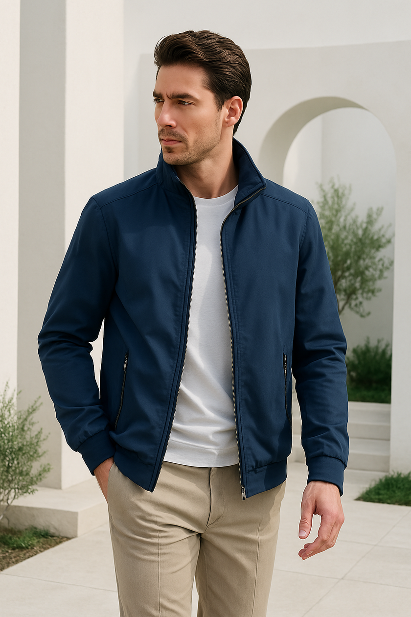 Lightweight Jacket Men Zip Front Stand-Up Collar Elastic Cuffs