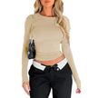 Long Sleeve Crop Top Women Form-Fitting Round Neck