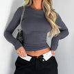 Long Sleeve Crop Top Women Form-Fitting Round Neck
