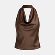 Cream satin cowl neck sleeveless top for women by FJØRNA, stylish mock neck design, smooth fabric, front view image.