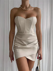 FJØRNA faux leather corset mini dress for women, stylish party and cocktail dress with fitted design and sleek black finish.