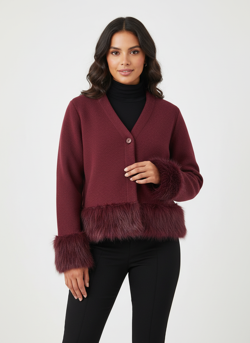 Jacket Women Faux Fur Trim Short Length Elegant