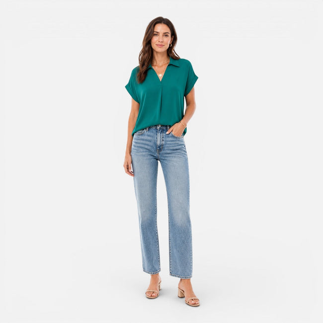 Women's lightweight V-neck short sleeve blouse by FJØRNA, relaxed fit top with soft fabric and casual style.
