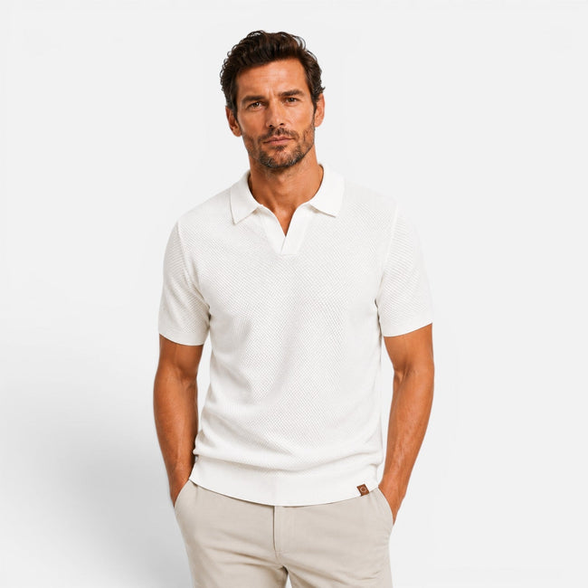 Men's slim fit knit polo shirt by FJØRNA, lightweight and breathable, showcasing the collar, knit texture, and fit.