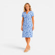 Women's casual printed midi dress by FJØRNA with V-neck, short sleeves, perfect for summer, shown in a relaxed fit.