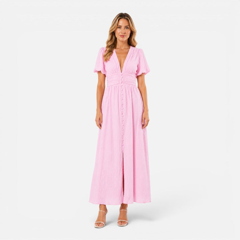 Elegant women's maxi dress by FJØRNA featuring a deep V-neck, puff sleeves, perfect for formal occasions.