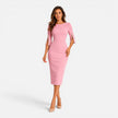 Elegant women's midi sheath dress by FJØRNA featuring tailored fit and split sleeves with pearl accents.