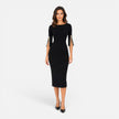 Women's elegant midi sheath dress with pearl split sleeves by FJØRNA, featuring a tailored slim fit and stylish design.