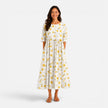 Women's floral midi dress by FJØRNA with a spring and summer design, featuring a lightweight, flowy fabric and vibrant floral pattern.