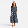 Women's floral midi dress by FJØRNA featuring a spring and summer floral pattern, flowing fabric, and sleeveless design.