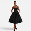 Women's FJØRNA halter neck corset midi dress with backless fit and flare design, perfect for party occasions.