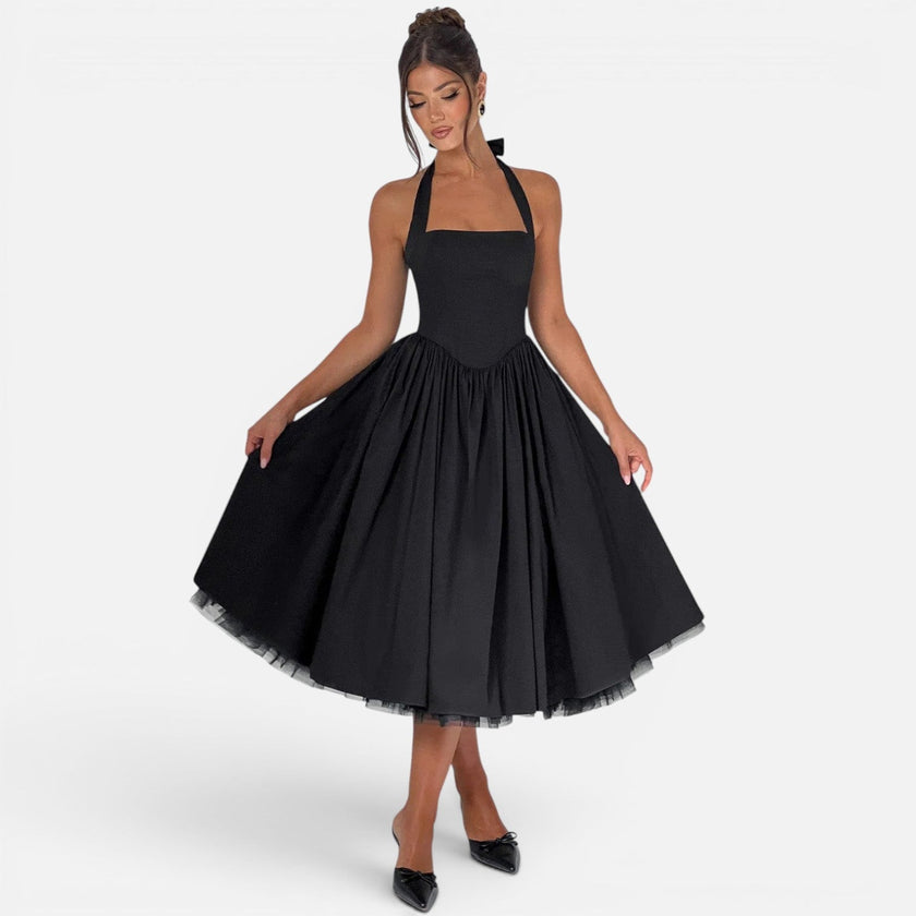 Women's halter neck corset midi dress by FJØRNA, backless fit and flare party dress with a stylish silhouette.
