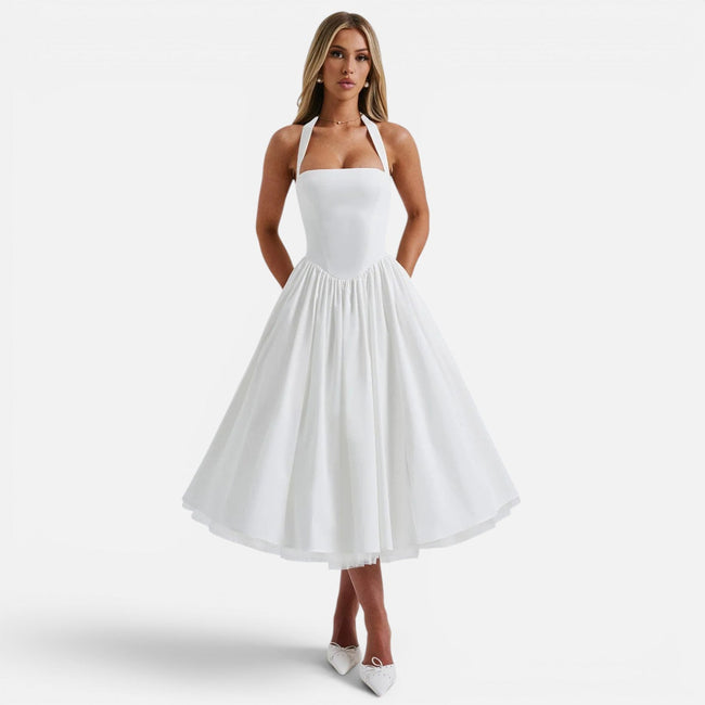 FJØRNA women's halter neck corset midi dress with backless, fit and flare design, perfect for parties and special occasions.