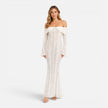 Women's off-shoulder lace maxi dress with flare sleeves by FJØRNA, featuring elegant lace details and flowing silhouette.