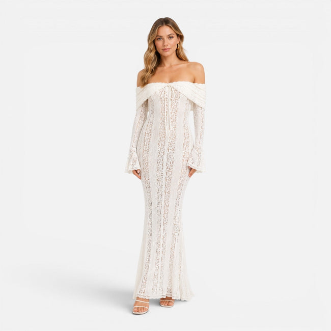 Women's off-shoulder lace maxi dress with flare sleeves by FJØRNA, featuring elegant lace details and flowing silhouette.