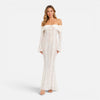 Women's off-shoulder lace maxi dress with flare sleeves by FJØRNA, featuring elegant lace details and flowing silhouette.