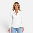 Women's FJØRNA striped long sleeve blouse with ruffle collar and button-up front, stylish and comfortable women's shirt.