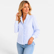 Women's FJØRNA long sleeve striped blouse with ruffle collar and button-up front, stylish women's shirt for casual and office wear.