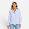 Women's FJØRNA long sleeve striped blouse with ruffle collar and button-up front, stylish and feminine shirt for casual or work wear.