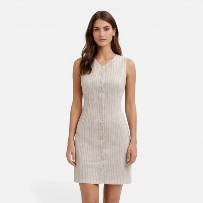 Women's sleeveless striped dress by FJØRNA with button front and slim fit, featuring a stylish and modern design.