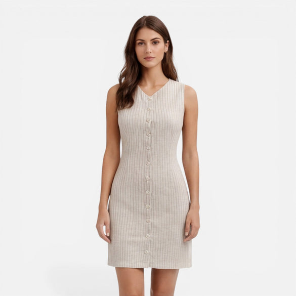 Women's sleeveless striped dress by FJØRNA with button front and slim fit, featuring a stylish and modern design.