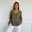 V-Neck Sweater Women, Fine Knit Relaxed Fit with Ribbed Sleeves