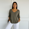 V-Neck Sweater Women, Fine Knit Relaxed Fit with Ribbed Sleeves
