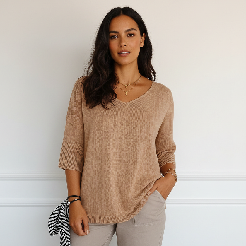 V-Neck Sweater Women, Fine Knit Relaxed Fit with Ribbed Sleeves
