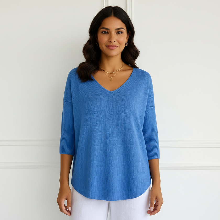V-Neck Sweater Women, Fine Knit Relaxed Fit with Ribbed Sleeves