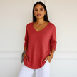 V-Neck Sweater Women, Fine Knit Relaxed Fit with Ribbed Sleeves