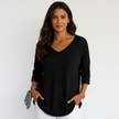 V-Neck Sweater Women, Fine Knit Relaxed Fit with Ribbed Sleeves