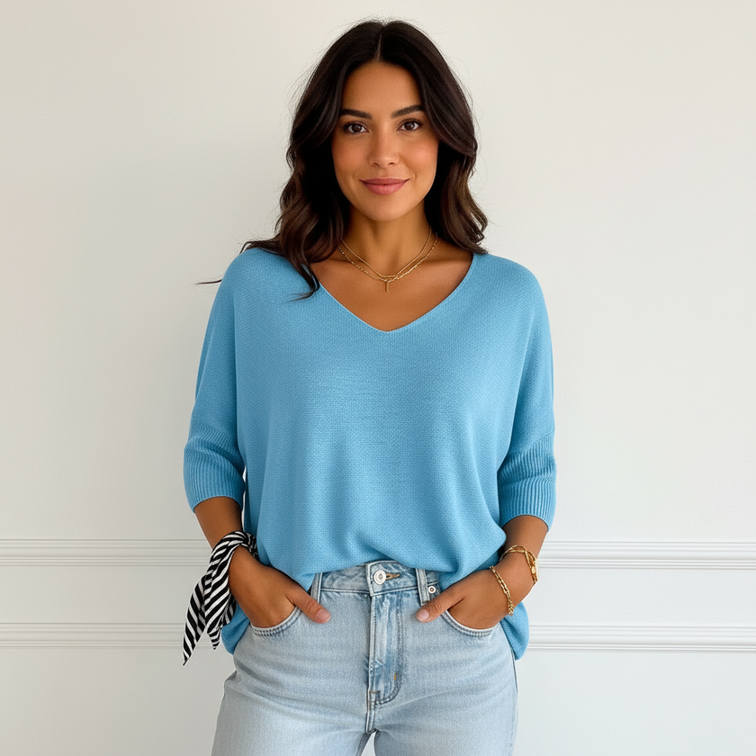 V-Neck Sweater Women, Fine Knit Relaxed Fit with Ribbed Sleeves