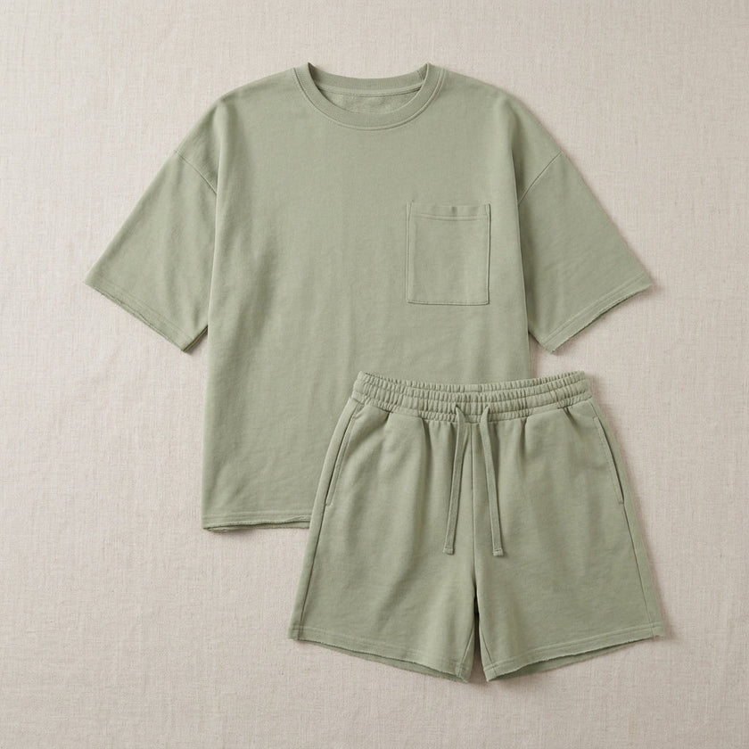 FJØRNA women's summer two-piece co-ord set with pockets, lightweight fabric, laid flat for display.