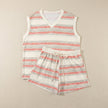 FJØRNA women's summer two-piece set with striped pattern, V-neck top and matching shorts, featuring front pockets, flat lay view.