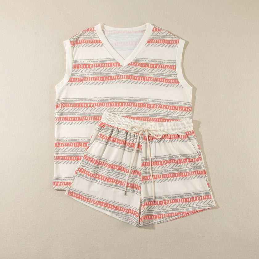 FJØRNA women's summer two-piece set with striped pattern, V-neck top and matching shorts, featuring front pockets, flat lay view.